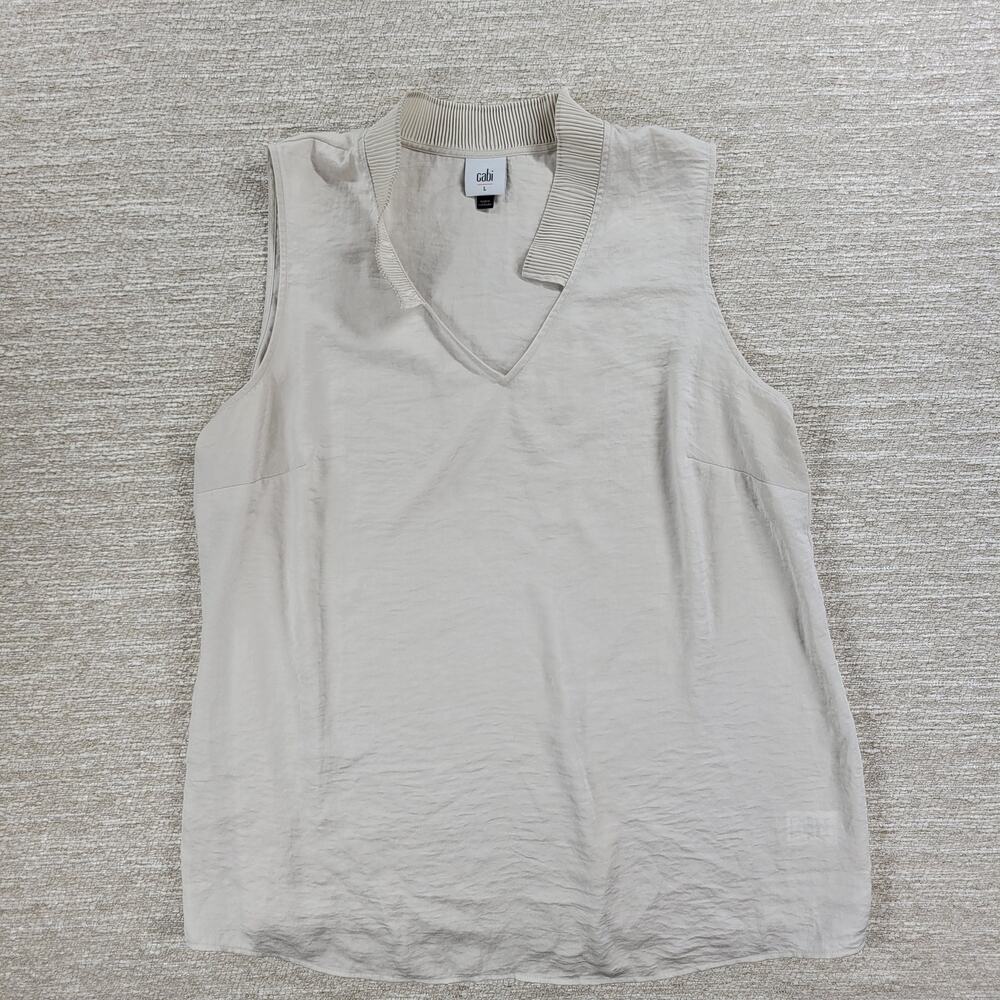 CAbi Snapshot Satin‎ Top Womens Large Ivory Pleated Collar V-Neck Tank Shirt - Picture 5 of 11